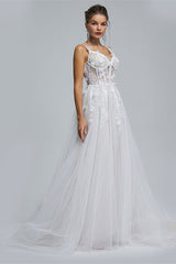 A-line Spaghetti strap Sweetheart Tulle Applique Floor-length Sleeveless Wedding Dress Cover-Ballbella