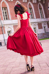 A-line Spaghetti Strap Tea Length Charmuse Homecoming Dress-Ballbella