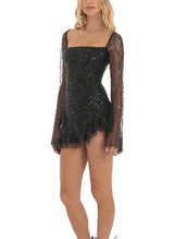 A-Line Square Neckline Long Sleeves Short/Mini Sequined Homecoming Dresses-Ballbella