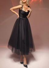 A-Line Square Neckline Sleeveless Satin/Tulle Homecoming Dresses-Ballbella