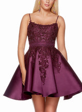 A-Line Square Neckline Sleeveless Short/Mini Lace/Satin Homecoming Dresses-Ballbella