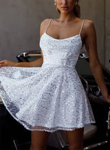 A-Line Square Neckline Sleeveless Short/Mini Sequined Homecoming Dresses-Ballbella
