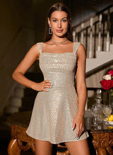 A-Line Square Neckline Sleeveless Short/Mini Sequined Homecoming Dresses-Ballbella