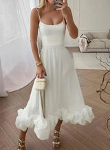 A-Line Square Neckline Sleeveless Tea-Length Elastic Satin Homecoming Dresses-Ballbella