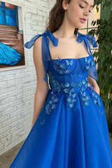 A-line Square Tea-length Sleeveless Open Back Appliques Lace Cute Prom Dress-Ballbella