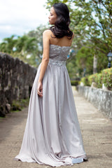A-line Strapless Floor Length Chiffon Beaded Applique Evening Dress-Ballbella