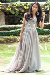 A-line Strapless Floor Length Chiffon Beaded Applique Evening Dress-Ballbella