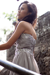 A-line Strapless Floor Length Chiffon Beaded Applique Evening Dress-Ballbella