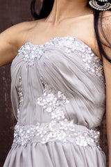 A-line Strapless Floor Length Chiffon Beaded Applique Evening Dress-Ballbella