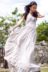 A-line Strapless Floor Length Chiffon Beaded Applique Evening Dress-Ballbella