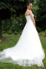 A-line Strapless Floor Length Tulle Applique Beaded Bow Wedding Dress-Ballbella
