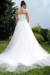A-line Strapless Floor Length Tulle Applique Beaded Bow Wedding Dress-Ballbella