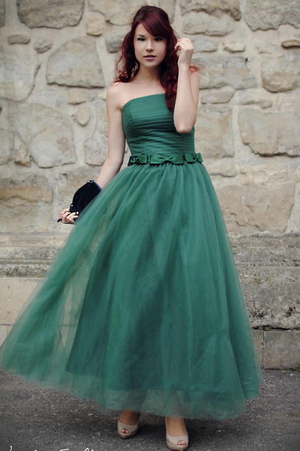 A-line Strapless Floor Length Tulle Bows Backless Prom Dress A-line Strapless Floor Length Tulle Bows Backless Prom Dress
