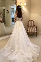 A-line Strapless Long Sleeves Court Train Tulle Applique Wedding Dress-Ballbella