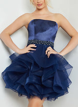 A-Line Strapless Short/Mini Satin/Tulle Homecoming Dresses With Sash-Ballbella