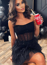 A-Line Strapless Sleeveless Short/Mini Sequined Homecoming Dresses-Ballbella