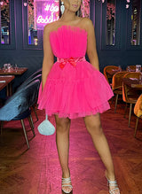 A-Line Strapless Sleeveless Short/Mini Tulle Homecoming Dresses With Sash-Ballbella