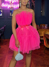 A-Line Strapless Sleeveless Short/Mini Tulle Homecoming Dresses With Sash-Ballbella