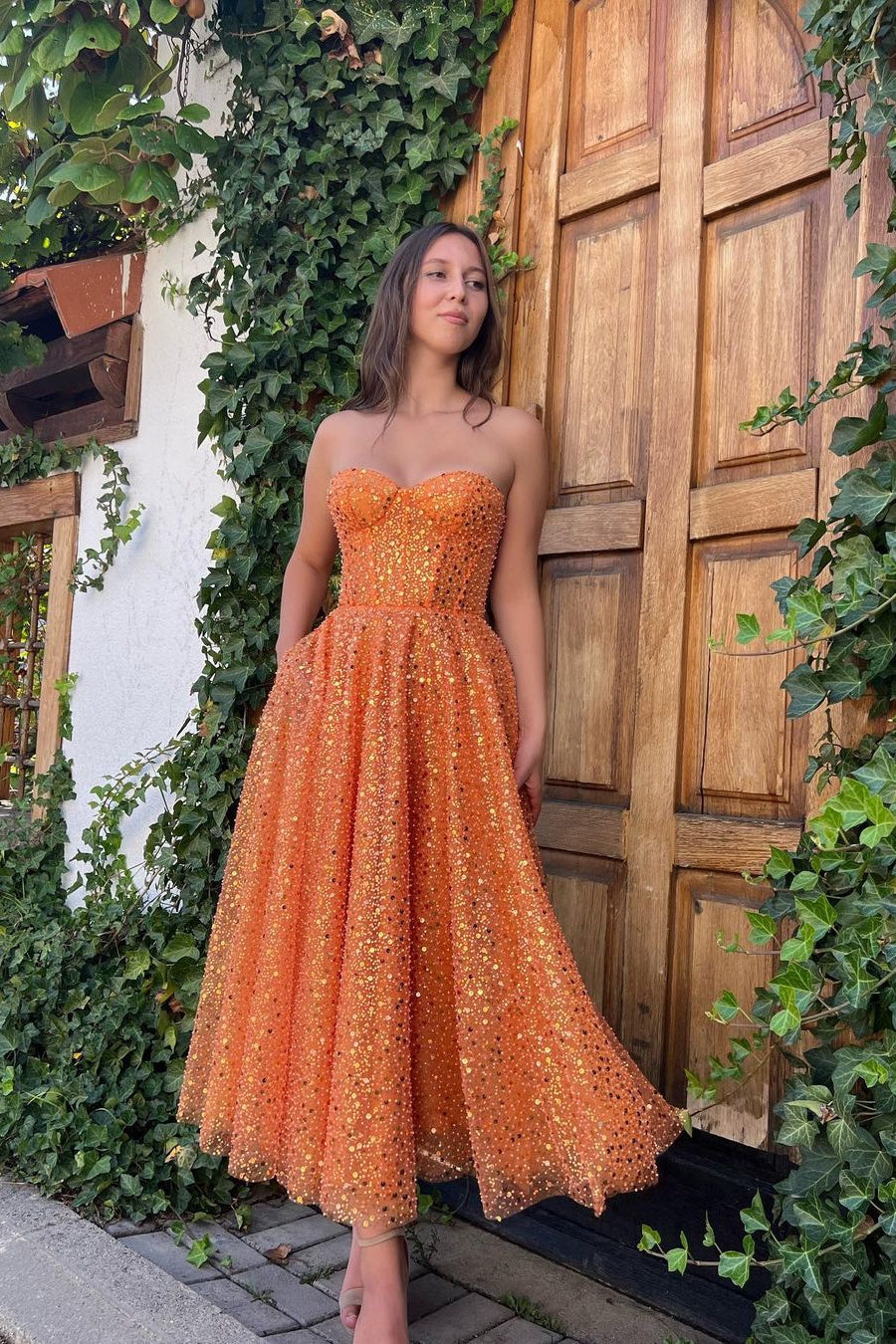 A-line Strapless Sweetheart Sequined Ankle Length Sleeveless Elegant Homecoming Dress A-line Strapless Sweetheart Sequined Ankle Length Sleeveless Elegant Homecoming Dress