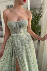 A-line Strapless Sweetheart Sequined High Split Floor-length Sleeveless Open Back Sexy Prom Dress-Ballbella
