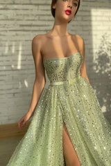 A-line Strapless Sweetheart Sequined High Split Floor-length Sleeveless Open Back Sexy Prom Dress-Ballbella