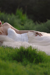 A-line Sweetheart Floor Length Tulle Handmade Flower Beading Wedding Dress-Ballbella