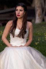 A-line Sweetheart Floor Length Tulle Handmade Flower Beading Wedding Dress-Ballbella