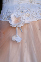 A-line Sweetheart Floor Length Tulle Handmade Flower Beading Wedding Dress-Ballbella