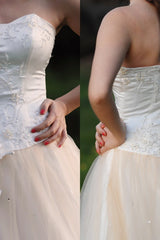 A-line Sweetheart Floor Length Tulle Handmade Flower Beading Wedding Dress-Ballbella