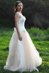 A-line Sweetheart Floor Length Tulle Handmade Flower Beading Wedding Dress-Ballbella