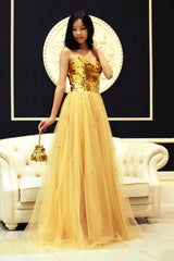 A-line Sweetheart Floor Length Tulle Paillette Prom Dress-Ballbella
