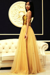 A-line Sweetheart Floor Length Tulle Paillette Prom Dress-Ballbella