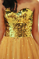 A-line Sweetheart Floor Length Tulle Paillette Prom Dress-Ballbella