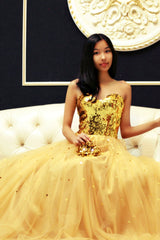 A-line Sweetheart Floor Length Tulle Paillette Prom Dress-Ballbella