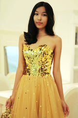 A-line Sweetheart Floor Length Tulle Paillette Prom Dress-Ballbella
