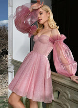 A-Line Sweetheart Long Sleeves Knee-Length Sequined Homecoming Dresses-Ballbella
