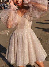 A-Line Sweetheart Long Sleeves Short/Mini Homecoming Dresses-Ballbella