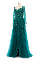 A-Line Sweetheart Sequined Tulle Floor-length Long Sleeve Open Back Beading Elegant Prom Dress-Ballbella