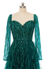 A-Line Sweetheart Sequined Tulle Floor-length Long Sleeve Open Back Beading Elegant Prom Dress-Ballbella