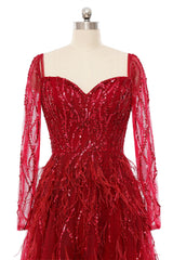 A-Line Sweetheart Sequined Tulle Floor-length Long Sleeve Open Back Beading Elegant Prom Dress-Ballbella