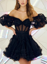 A-Line Sweetheart Short Sleeves Short/Mini Homecoming Dresses-Ballbella