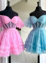 A-Line Sweetheart Short Sleeves Short/Mini Tulle Homecoming Dresses-Ballbella
