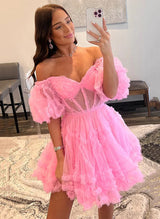 A-Line Sweetheart Short Sleeves Short/Mini Tulle Homecoming Dresses-Ballbella