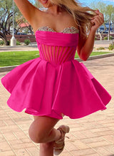 A-Line Sweetheart Short/Mini Satin Homecoming Dresses With Rhinestone-Ballbella