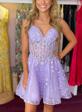 A-Line Sweetheart Sleeveless Short/Mini Lace Homecoming Dresses-Ballbella