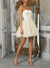 A-Line Sweetheart Sleeveless Short/Mini Tulle Homecoming Dresses With Appliques Lace-Ballbella
