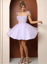 A-Line Sweetheart Sleeveless Short/Mini Tulle Homecoming Dresses With Appliques Lace-Ballbella