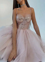 A-Line Sweetheart Sleeveless Short/Mini Tulle/Sequined Homecoming Dresses-Ballbella