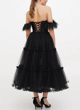 A-Line Sweetheart Sleeveless Tea-Length Tulle Homecoming Dresses-Ballbella