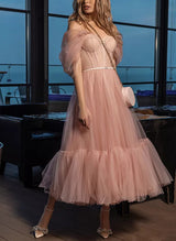 A-Line Sweetheart Sleeveless Tea-Length Tulle Homecoming Dresses-Ballbella